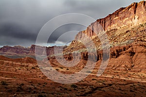 Spectacular colorful rock formations and epic storm clouds over Capitol Reef National Park in Utah