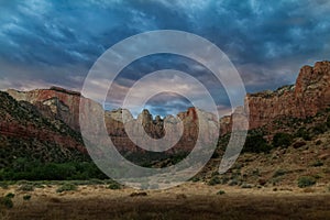 Spectacular colorful sunset and the `Towers of the Virgin` in Zion National Park in Utah