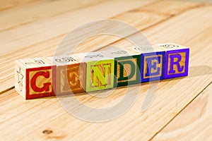 Spectacular colorful wooden cubes with the colors of the LGBTQ gay pride flag with the word gender