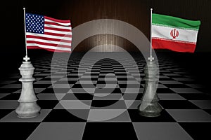 Spectacular concept rendering of two piece checkers chess representing the United States of America USA and Iran 3D RENDERING