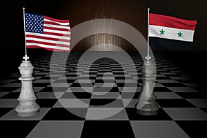 Spectacular concept rendering of two piece checkers chess representing the United States odf America USA and Syria 3D RENDERING