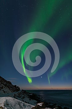 Spectacular dancing green strong northern lights over the famous round boulder beach near Uttakleiv on the Lofoten islands in