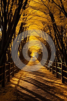 Spectacular display of lush golden autumn foliage along the tranquil forest asphalt road pathway