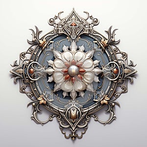 Spectacular emblem in Gothic style. Luxurious 3D scarlet flowers on a light background. Generated by a neural network.