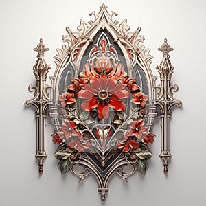 Spectacular emblem in Gothic style. Luxurious 3D scarlet flowers on a light background. Generated by a neural network.