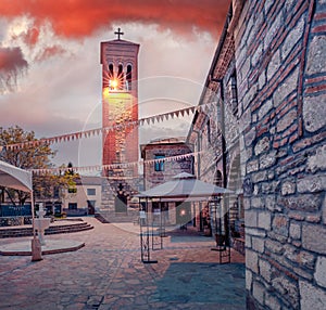 Spectacular evening view of St. Demetrius of Thessaloniki church. Stunning sunset in Bitola city.