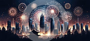 Spectacular Fireworks Display Over City Skyline at Night, AI Generated