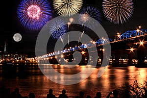 Spectacular Fireworks at Han River in full moon photo