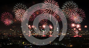 Spectacular fireworks light up the city skyline at night