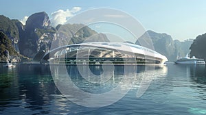 A spectacular floating stadium featuring a transparent roof providing unobstructed views of the sky and surrounding photo