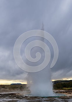 Spectacular geotermal eruption of Strokkur Geysir geyser in southwestern Iceland, Europe. Haukadalur geothermal area