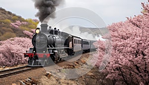 Spectacular grey steam train gracefully traversing the enchanting spring mountainscape