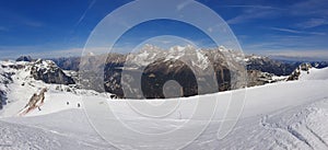 Spectacular high mountain winter panorama of alpine ski resort.