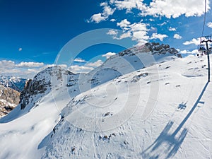 Spectacular high mountain winter panorama of alpine ski resort.