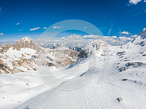 Spectacular high mountain winter panorama of alpine ski resort.