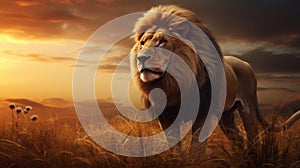 Spectacular Hyper-realistic Lion In Vibrant Sunset Grassland