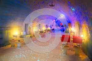 Spectacular ice hotel and bar on the frozen Balea lake