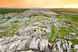 Spectacular landscape of the Burren region of County Clare, Ireland. Exposed karst limestone bedrock at the Burren National Park