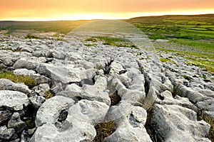 Spectacular landscape of the Burren region of County Clare, Ireland. Exposed karst limestone bedrock at the Burren National Park