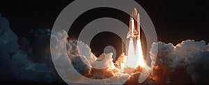 The spectacular launch of a rocket into the night sky with dramatic clouds. AI generated image
