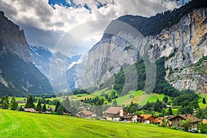 Spectacular Lauterbrunnen town with high cliffs,Bernese Oberland,Switzerland,Europe