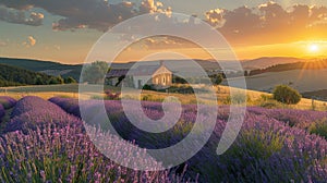 Spectacular lavender field at sunset with charming rural farmhouse silhouette in vibrant colors