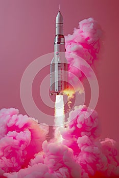 Spectacular Liftoff of Space Rocket with Vibrant Pink Smoke Trail Against a Minimalist Background photo