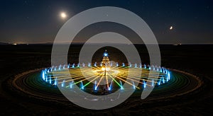 Spectacular light painting art installation at night under starry sky