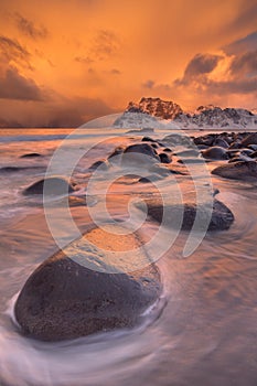 Spectacular light at Uttakleiv beach on the Lofoten, Norway