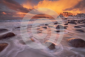 Spectacular light at Uttakleiv beach on the Lofoten, Norway