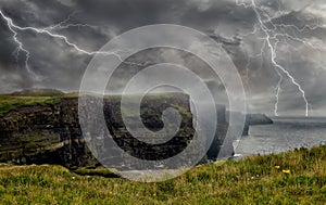 Spectacular Lightning storm in Cliffs of Moher. Ireland`s Coast