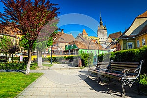 Spectacular medieval city center with ornamental park, Sighisoara, Transylvania, Romania
