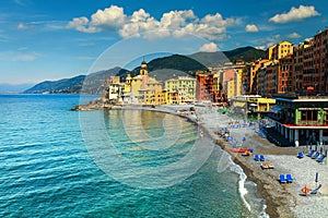 Spectacular Mediterranean riviera coast with Camogli resort, Liguria, Italy, Europe