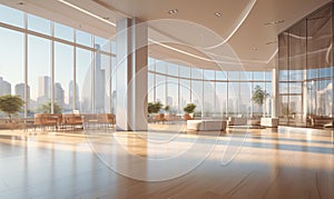 Spectacular modern lobby with large glass windows. Ground floor reception.