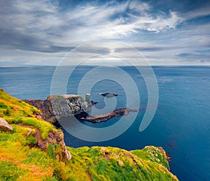 Spectacular morning landscape of Vagar island, Gasadalur village location.