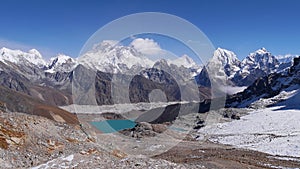 Spectacular mountain panorama with some of the highest mountains on earth in the Himalayas, Nepal.