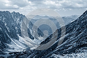 Spectacular mountain scenery, rocky mountains in Slovakia, classic blue monochrome toning