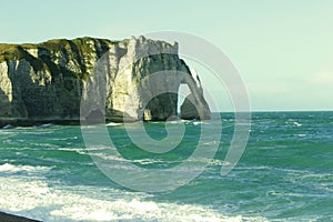 Spectacular natural cliffs Aval of Etretat and beautiful famous coastline, Normandy, France, Europe