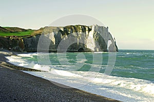 Spectacular natural cliffs Aval of Etretat and beautiful famous coastline, Normandy, France, Europe