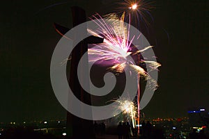 Spectacular New Year`s Eve fireworks display at Gradowa hill at Gdansk.