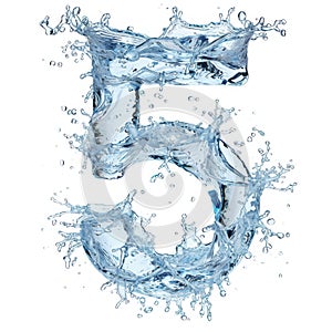 Spectacular number five and a splash of clear water. Digital close-up on white background in water spray. Number 5 made photo