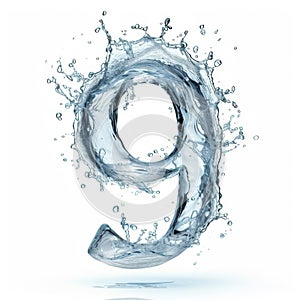 Spectacular number nine and splash of clear water. Digital close-up on white background in water spray. Blue water photo