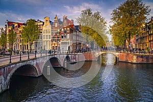 Spectacular old bridges over the water canals in Amsterdam, Netherlands