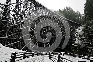 The spectacular old Kinsol Trestle in snowy day, Vancouver Island