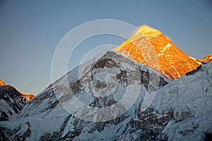 Spectacular orange sunset Mount Everest from Kala Patthar lookout, Nepal