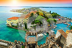 Spectacular panorama from the tower Scaliger, Sirmione, Garda lake, Italy