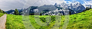 Spectacular panoramic view of Eiger, Monch, Jungfrau mountains from Murren-Gimmelwald trail, Swiss alps, Bernese Oberland, Berne
