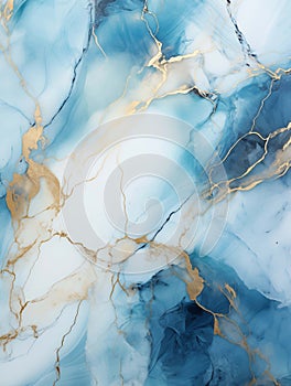 Spectacular realistic texture of blue marble with white and gold veins. Modern background. Generated by a neural network.