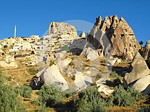 Spectacular rock formations in the village of Uchisar, Cappadocia, Turkey