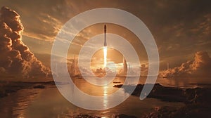 Spectacular Rocket Launch at Sunset Over Futuristic Cityscape
